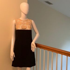 Tan lace top black linen sheath dress